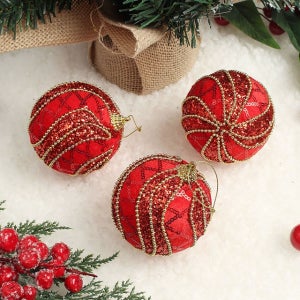루비레드 글리터 장식볼 3p8cm 물결회오리 크리스마스 트리 장식 꾸미기