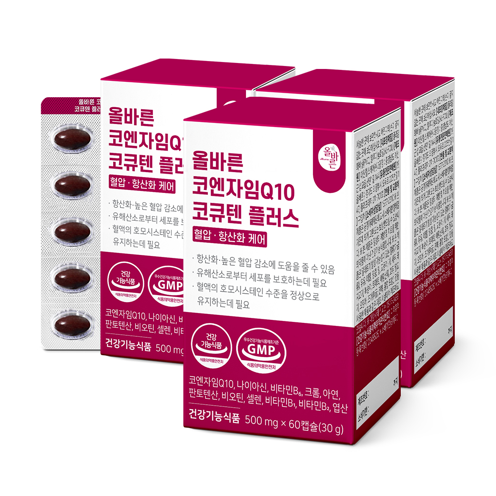 올바른 코엔자임Q10 코큐텐 플러스 혈압 항산화 케어 60캡슐, 3개