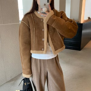 싱글 브레스트 레트로 숏 무스탕 자켓 여성 겨울 포근한 베이지 데일리 여자 숏자켓 햄태리