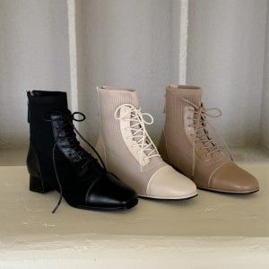 소울리 레이스업 니트 삭스 앵클 부츠 여성 가죽 니트스판 숏 앵글 부츠 4cm굽