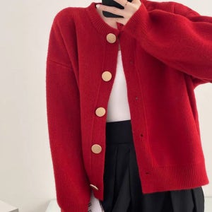 여성 가을 겨울 캐주얼 니트 레드 가디건