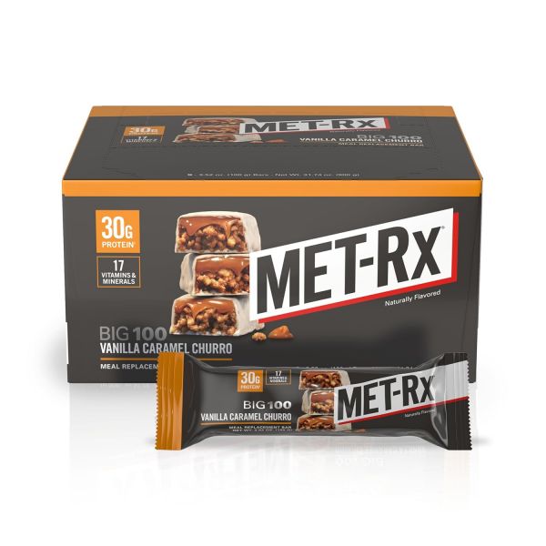 <b>MET-Rx</b> 빅 100 단백질 바, 바닐라 캐러멜 츄로, 100g, 9, 30g 팩, 식사 대용, 메타마이신 블렌드, 비타민 A C, 아연, <b>운동 후</b> 간식