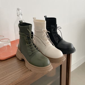 소울리 가죽 니트 워커 부츠 레이스업 여성 앵클 부츠 5cm 통굽