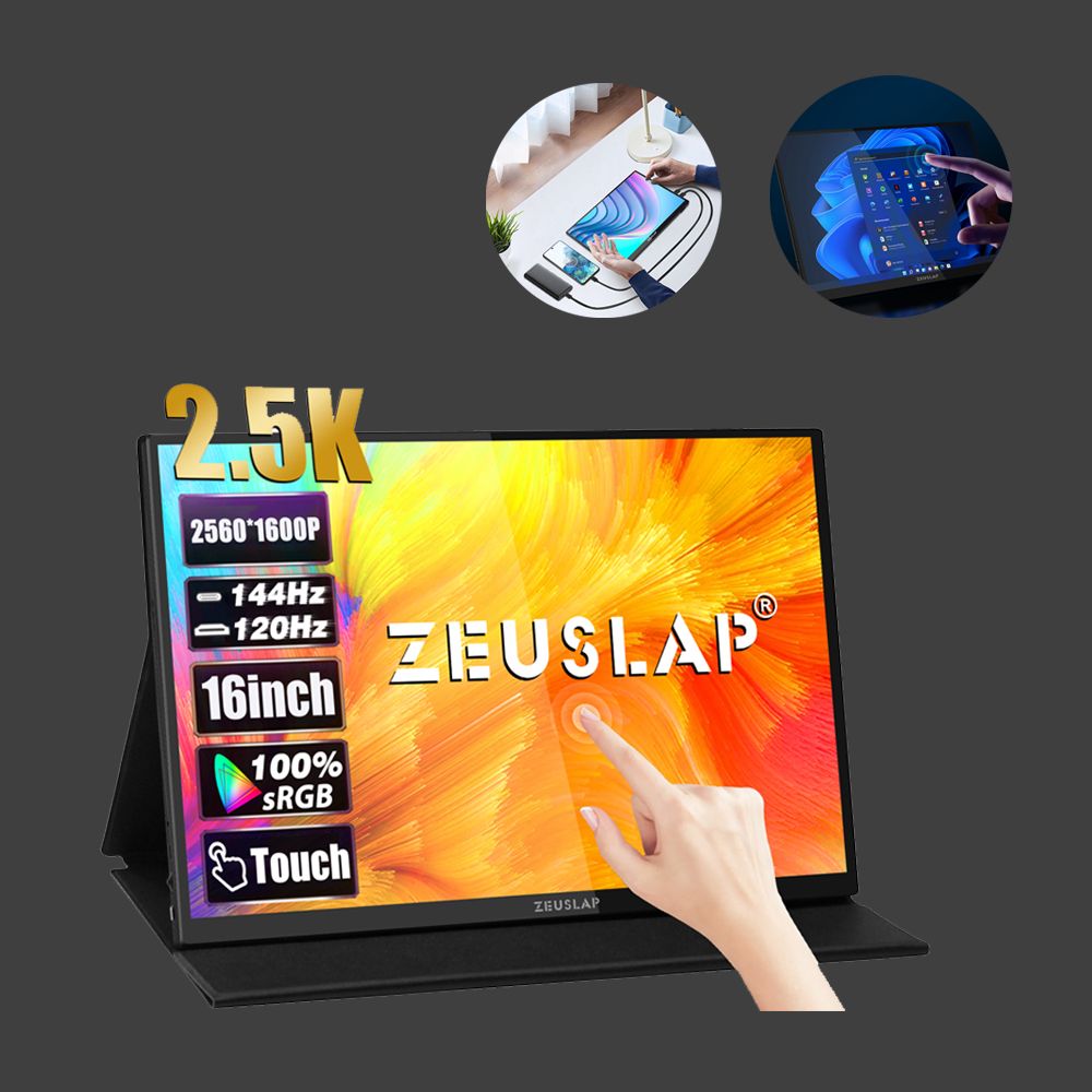 제우스랩 2.5K QHD 고화질 휴대용 모니터 40.6cm(16인치) P16KT 포터블 터치 모니터 IPS패널 광시야각