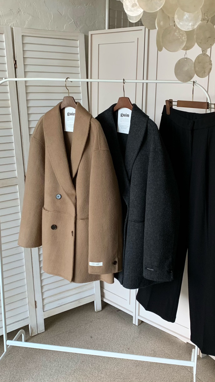 (2color/55-77) 귄 울100하프코트 숄카라 핸드메이드코트 카멜 차콜 빅사이즈