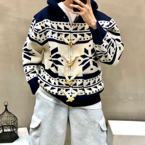 헤비 울 눈꽃 토글 버튼 남자 겨울 니트 후드 집업 스웨터