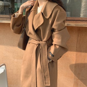 울 트렌치 카라 핸드메이드 코트 더블 롱 카멜 여성 겨울 아우터 블랙 코트