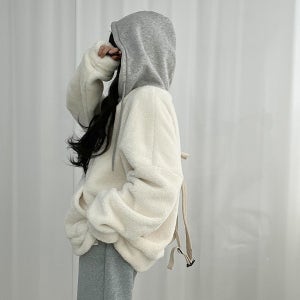 포근 양털 배색 후드집업 2컬러 루즈핏 오버핏 양털 따뜻 긴팔 아우터 10대 캐주얼