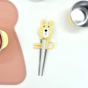 베어 1단계 교정용 젓가락 스텐304 아기 유아 곰돌이 자기주도 트레이닝 양손 연노랑