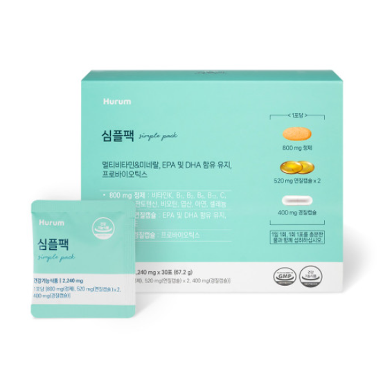 <b>휴럼</b> 심플팩 <b>멀티</b>비타민<b>미네랄</b> 오메가3 프로바이오틱스 30포, 1개