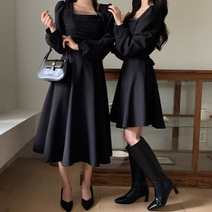 (2기장긴팔&7부소매2타입) 스퀘어넥 샤 셔링 플레어 원피스 결혼식 하객룩 op15874