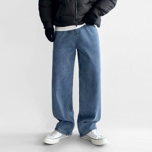남자 융기모 청바지 밴딩 겨울 융기모 와이드 데님 팬츠