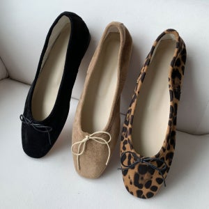 스웨이드 리본 플랫슈즈 레오파드 호피 발레리나슈즈 겨울 플랫 1cm