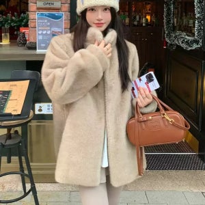 인조밍크 루즈핏 하이넥 모피코트 하프기장 연말룩