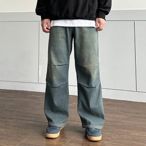 남자기모와이드청바지 무릎 핀턱 밴딩 커브드 워싱 데님 팬츠