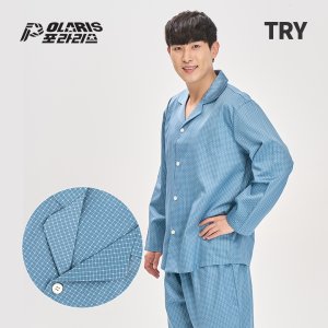 DY 트라이 남자 잠옷 체크 패턴 100%순면 파자마 상하의 세트 POLARIS BLUE