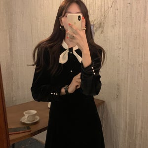 소프트 격식룩 연말 벨벳 리본타이 긴팔 롱원피스