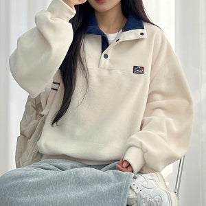 플랜 버튼 후리스 맨투맨 3컬러 루즈핏 배색 포근 원단 10대 캐주얼 데일리 학생 간절기