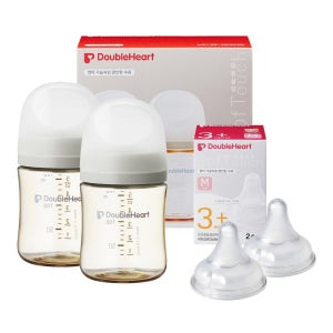 [더블하트] 160ml 모먼트 트윈팩(젖병2개/노꼭지)+젖꼭지2개
