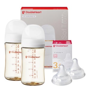 [더블하트] 240ml 베이직 트윈팩(젖병2개/노꼭지)+젖꼭지2개