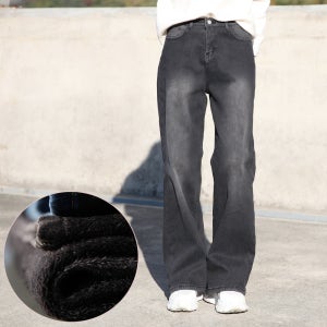 동대문스타일 와이드핏 여성 겨울청바지 바이오워싱 융기모 스판 와이드 데님팬츠 OR77001