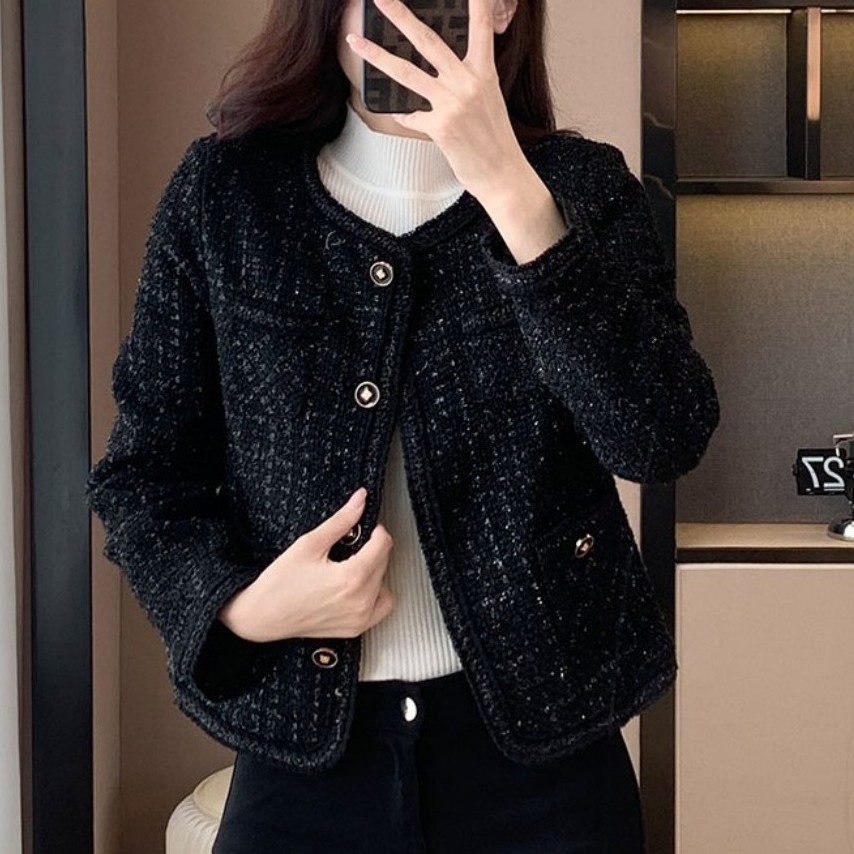 부클 크롭 트위드자켓 포켓 노카라 라운드넥 간절기 봄 가을 여성재킷 블랙