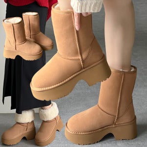 [+착화영상] 소가죽 스웨이드 에코퍼 양털 경량 EVA 청키 플랫폼 미들 하프부츠 6cm