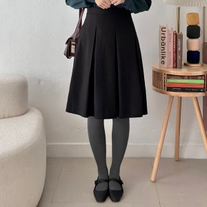 브로니 도톰한 피치 모직 주름 플리츠 A라인 미디 스커트