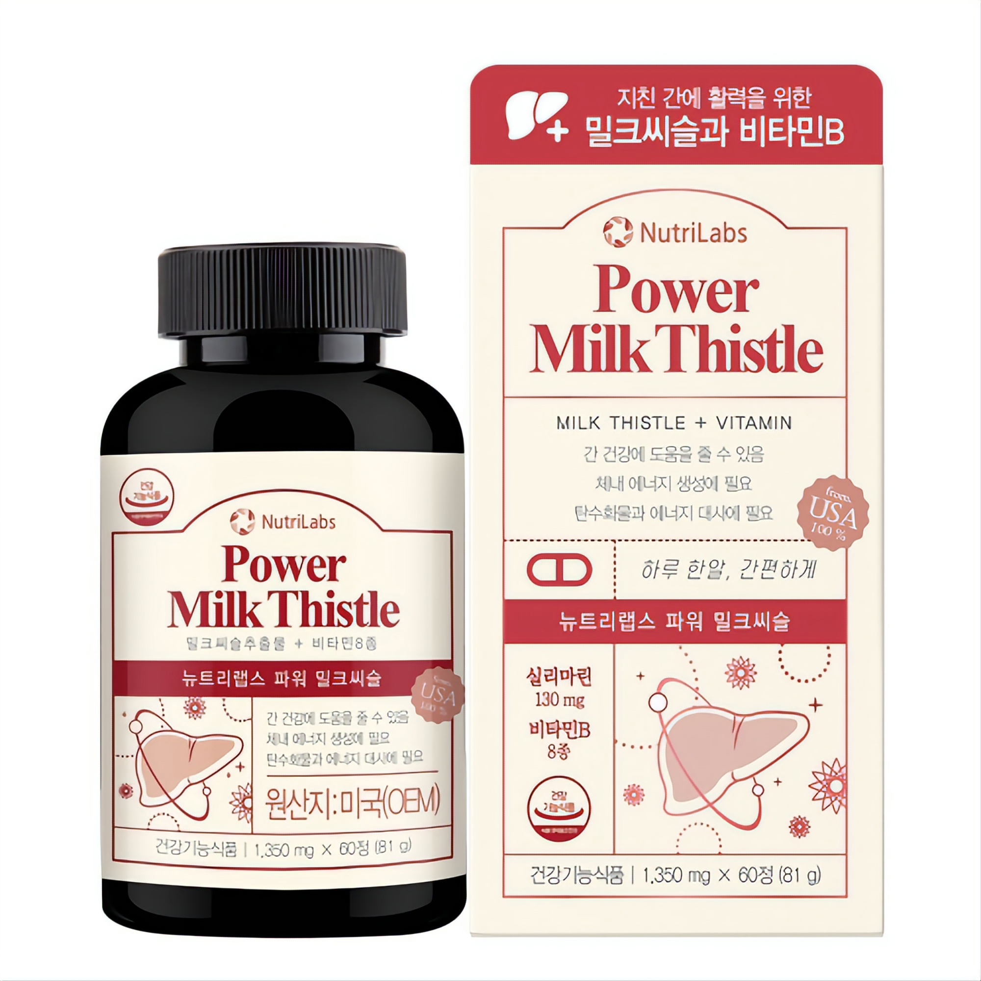 <b>뉴트리</b>랩스 파워 밀크씨슬 실리마린 비타민 비오틴 엽산 함유 미국직수입 60정, 1개