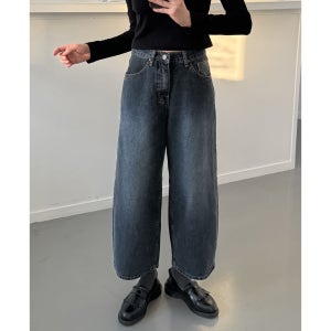 진청 벌룬 기모 데님 크롭 9부 배기청바지