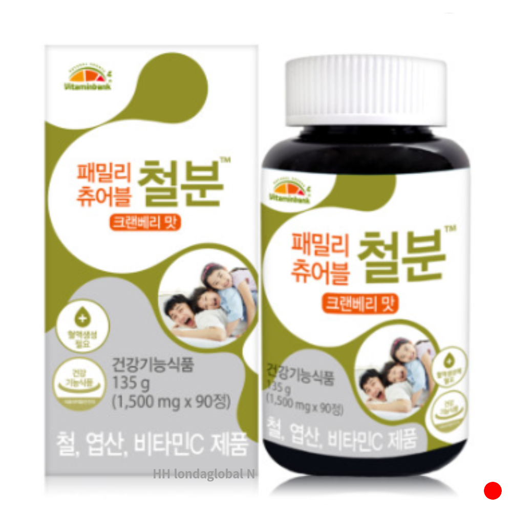 <b>비타민뱅크</b> 패밀리 츄어블 철분 <b>엽산</b> 크랜베리맛 90정