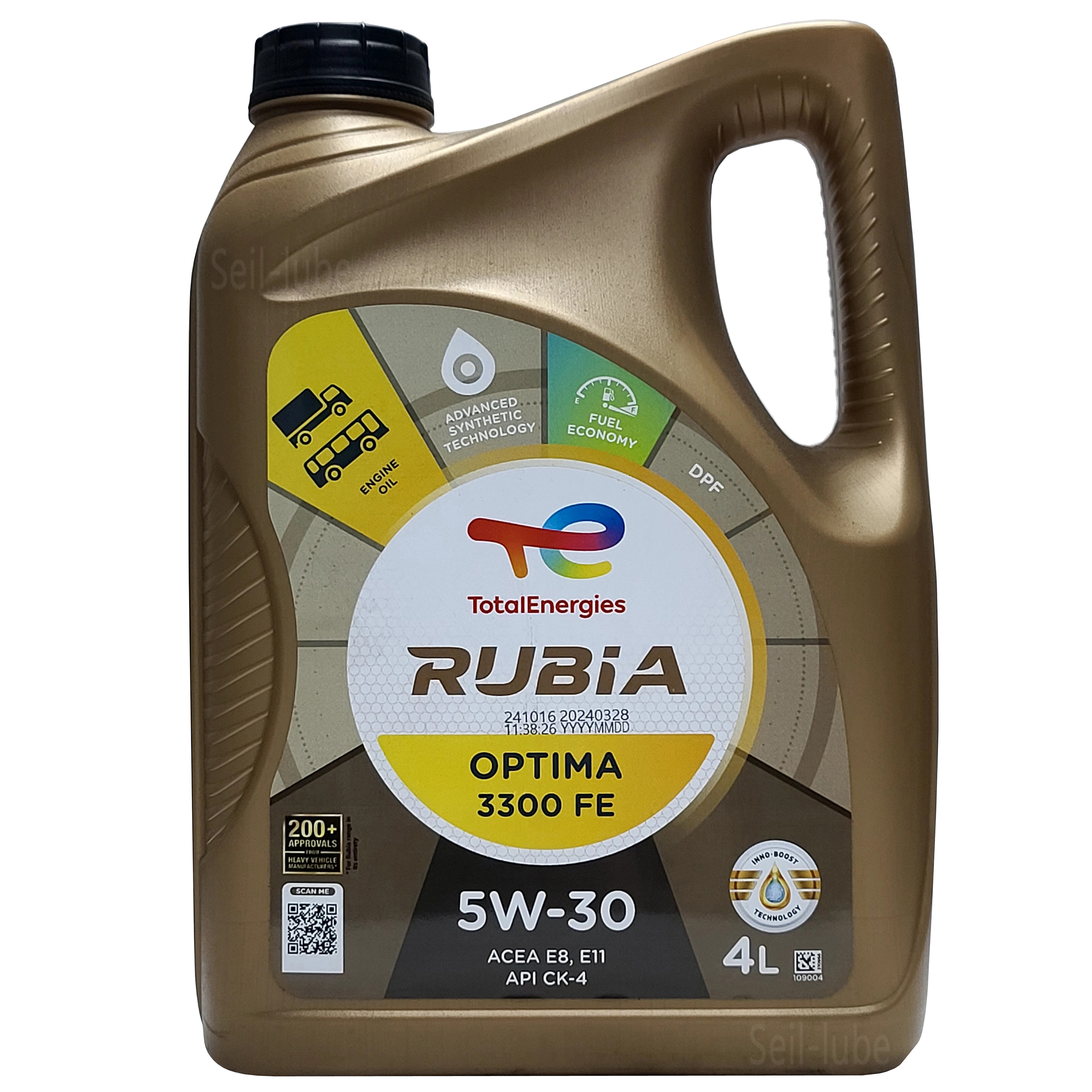 <b>토탈</b> 루비아 옵티마 3300 FE 5W30 4L 1개 CK-4 E8 상용차 100% 합성 연비절감형 장수명 디젤 엔진오일 (10W40 대체시 연비개선)