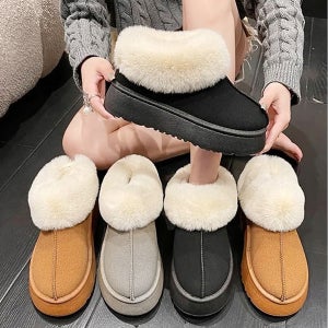 여성 방한 슬리퍼 통굽 라운드 겨울 스웨이드 사무실 블로퍼 퍼 털신발 5cm