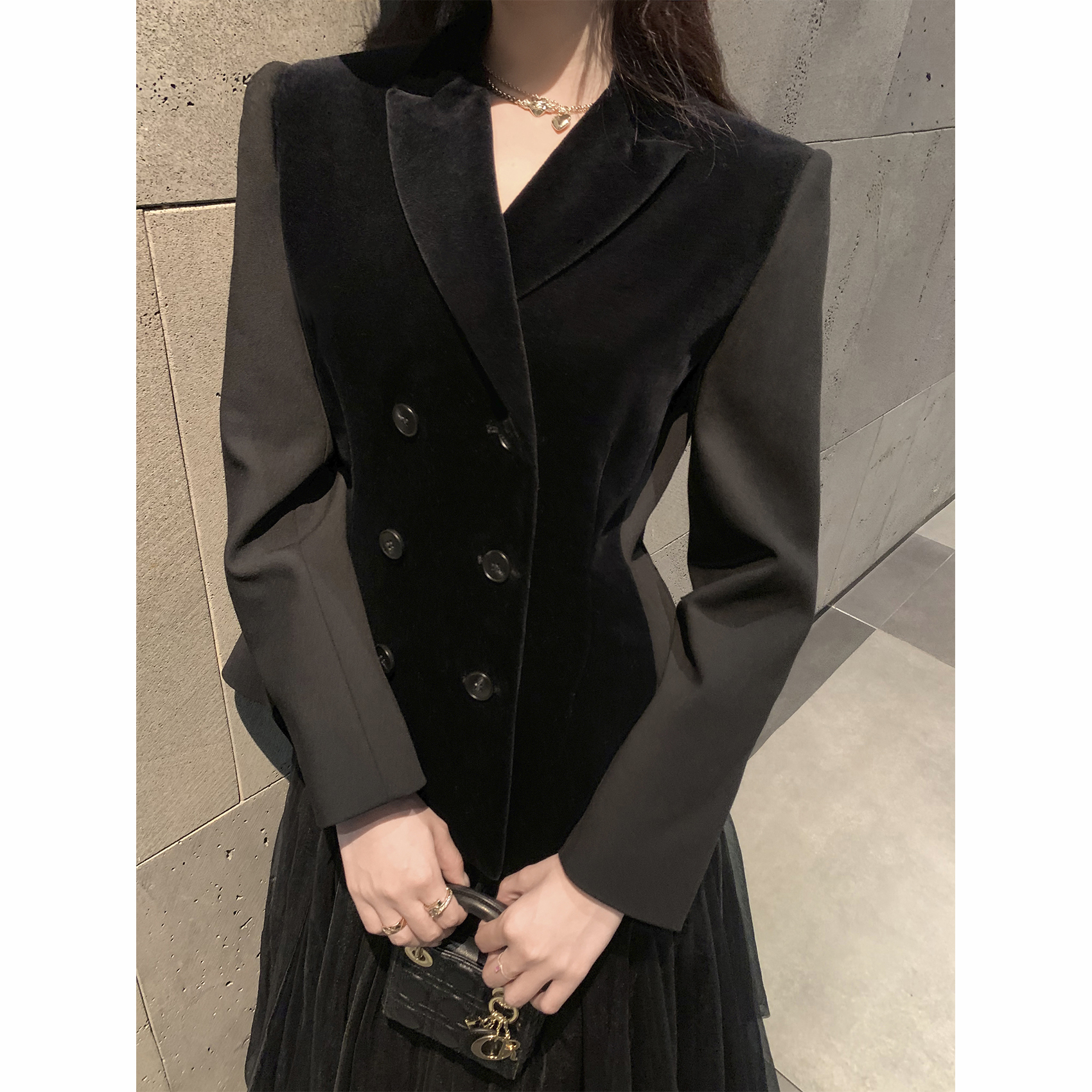 고급 테일러드 벨로아 더블 카라 하프 울 자켓 정장 코트