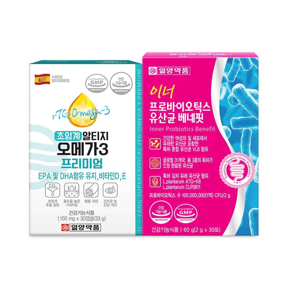 일양약품 초임계 알티지 오메가3 <b>비타민D</b>+여성 질유래 유산균 1세트