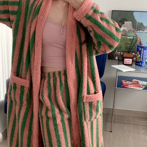 극세사 로브가운 그린 줄무늬 스트라이프 겨울 수면 바지 가디건 파자마 샤워 골프 가운 잠옷