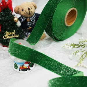 홀리데이 실버 글리터 그린벨벳 원단리본 크리스마스 수입 벨벳 포장리본 오너먼트 10yd