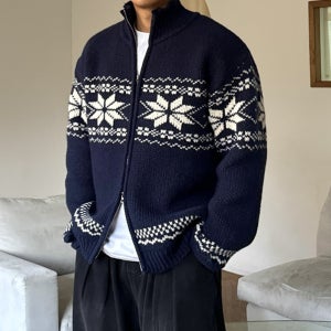남자 나카 겨울 오버핏 노르딕 눈꽃 자가드 니트 집업