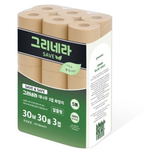 국내산 그리네라 save 알뜰형 환경 보호 먼지없는 무표백 대나무휴지 3겹 30M 30롤