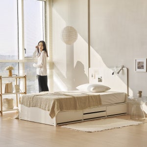 눕 모먼트 슬림헤드 4단 멀티 수납 침대 프레임 슈퍼싱글 SS (화이트/오크)