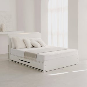 눕 모먼트 LED 매거진헤드 4단 멀티 수납 침대 프레임 슈퍼싱글 SS (화이트/오크)