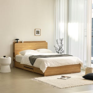 눕 모먼트 LED 매거진헤드 4단 멀티 수납 침대 프레임 퀸 Q (화이트/오크)