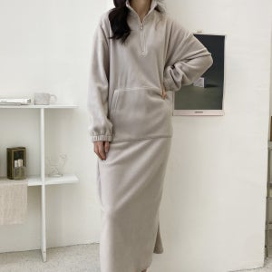 여성 국내제작 베이직 심플 후리스 극세사 반집업 루즈핏 롱 원피스 4color