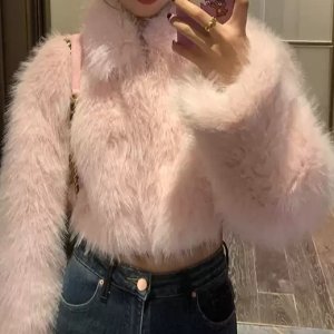 에코 퍼 밍크 모피 따뜻한 베이비 핑크 러블리 숏 미니 크롬 점퍼 코트 자켓