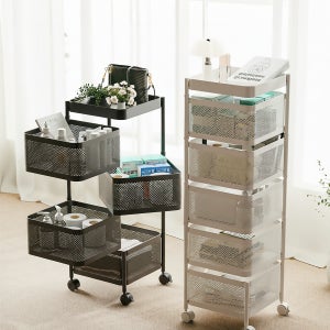 라즈웰 이동식 트롤리 회전 철제 수납함 트레이 바구니 4단