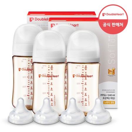 더블하트 모유실감 제뉴인화이트 240ml 트윈더블세트(젖병4개+젖꼭지4개)