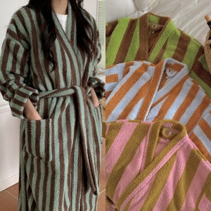 후리스 극세사 수면 잠옷 커플 로브 가운 겨울 잠옷 빅사이즈 나이트 스트라이프 홈웨어