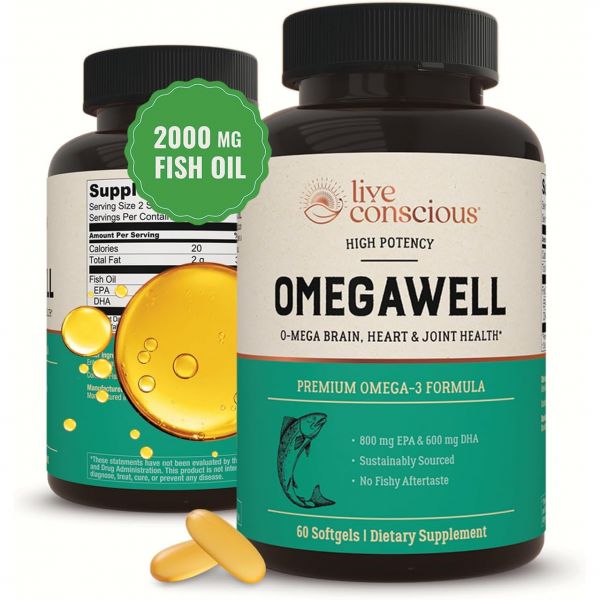 <b>Live Conscious</b> OmegaWell <b>오메가3</b> 피쉬오일 60소프트젤 브레인 조인트서포트