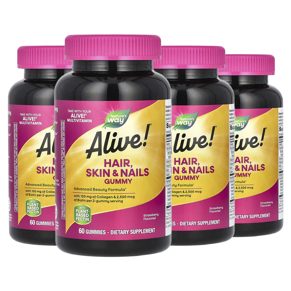 네이쳐스웨이 <b>얼라이브 헤어 스킨 네일 구미</b> 콜라겐 비오틴 함유 딸기맛 60개입 4개