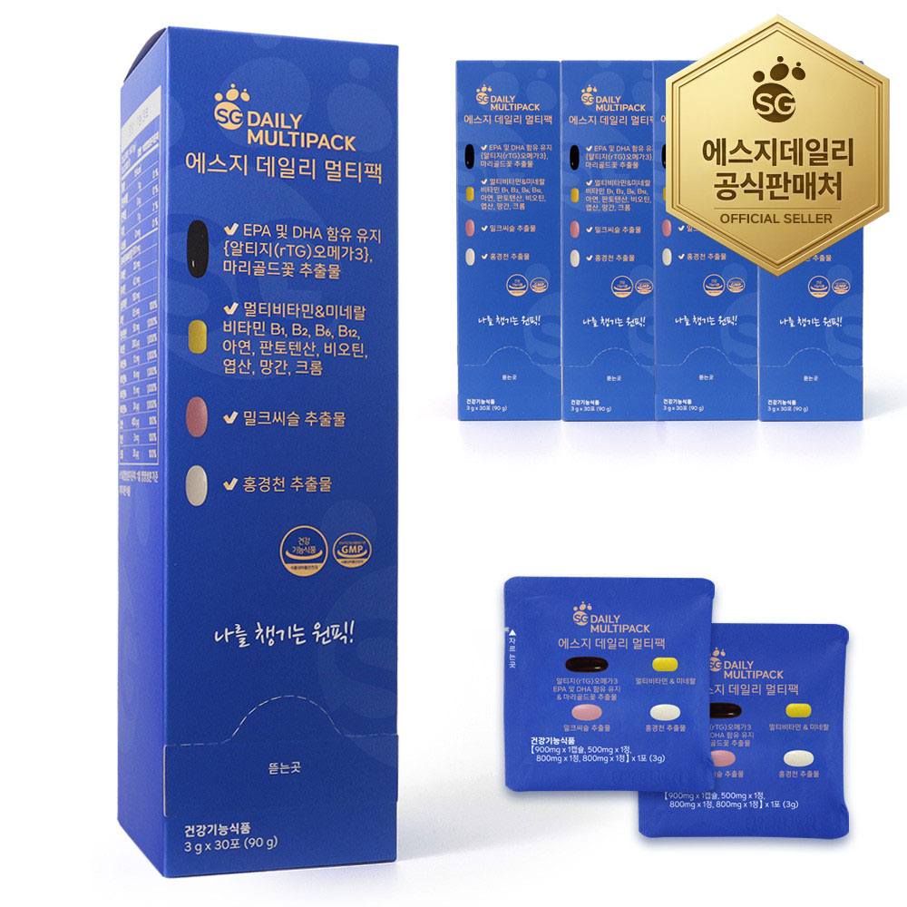 에스지 데일리 멀티팩 올인원 한포 영양제 종합비타민 오메가3 3000mg 30포, 4개
